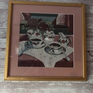 Framed cross-stitch Art with Teatime Design